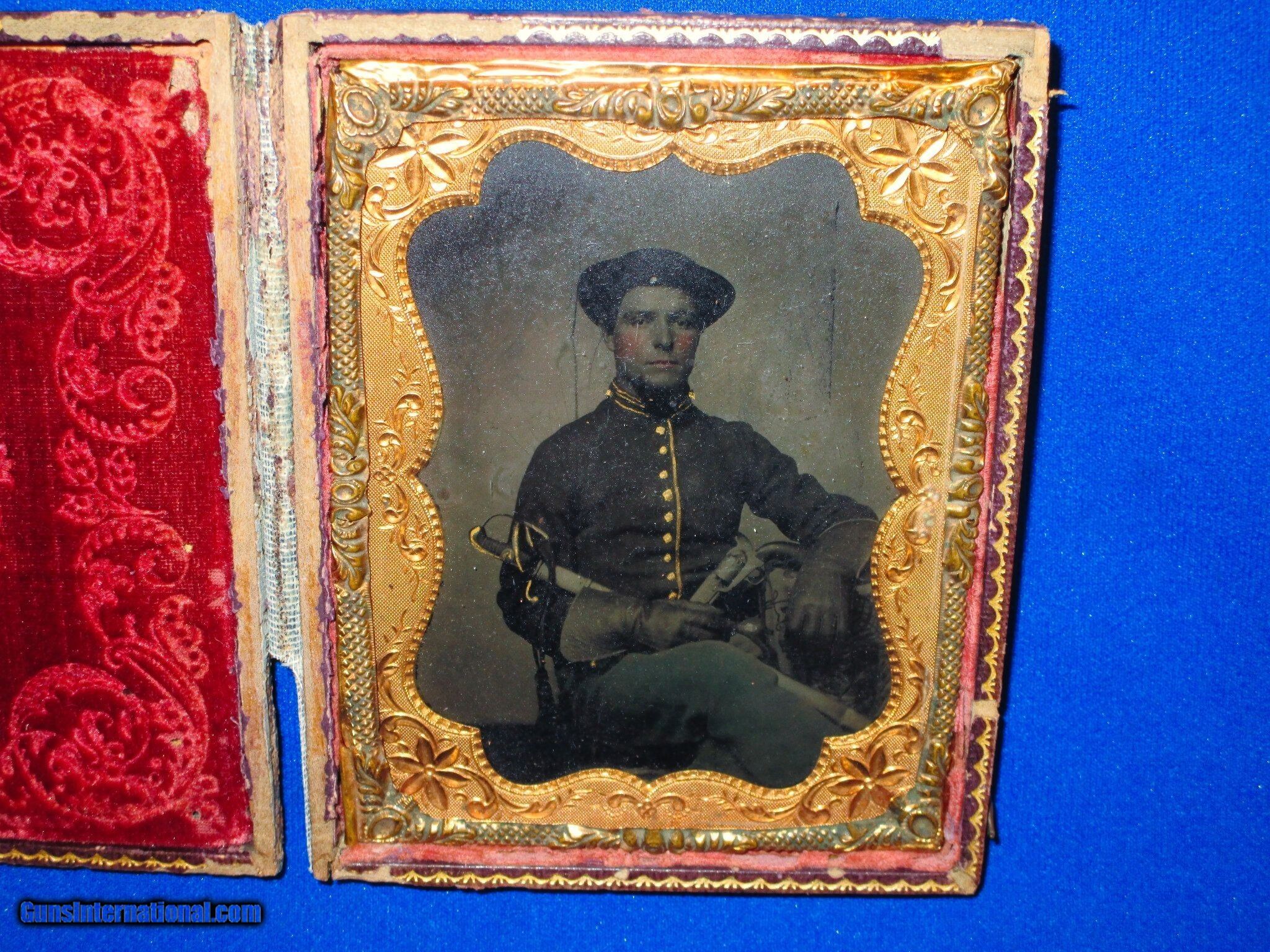An Early Civil War 1/4 Plate Tintype Of A Cavalry Soldier With His Colt