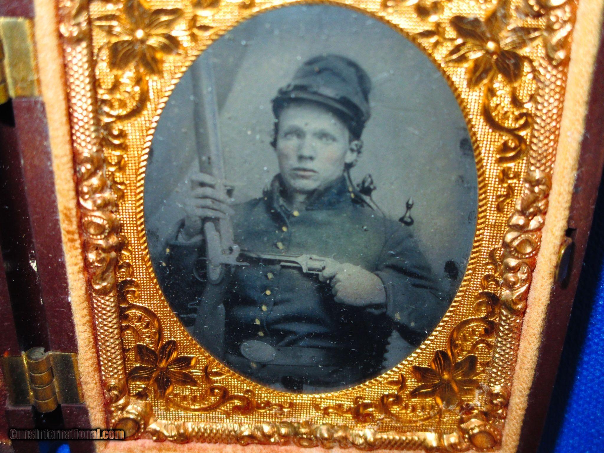 An Early Civil War 19 Plate Tintype Of An Infantry Soldier In Full Uniform With His Austrian 