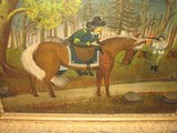 Civil War Period Oil Painting Of A Confederate Soldier Pointing His Rifle At A Union Officer Dismounting Off His Horse While Drawing His Pistol On The