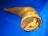 Rare 1800's Powder Horn with Period Painting Of a Beautiful Woman On The Large Face