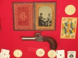 Civil War Large Bore Fine Belgium Made Single Shot Percussion Pistol With A Tintype Of Two Gamblers In A Shadowbox With Poker Chips & A Few Cards    - 2 of 8