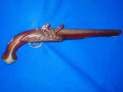  Very Early & Large European Ornate Engraved Flintlock Pistol with Silver Fittings Circa 1700's