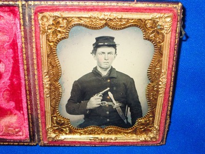 Civil War 1/6 Plate Tintype Image Of A Soldier In Uniform Holding A Remington Beals 1st Model Pocket Revolver