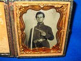 Civil War 1-9 Plate Tintype Image Of A Union Officer In Uniform Holding Pocket Revolver