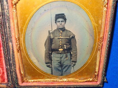 U.S. Civil War Original 1/6 Plate Tintype Image Of A U.S. Infantry Soldier In Full Uniform Wearing His Oval Buckle & Belt