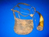 Early 1800's Original Frontier Powder Horn With Its Original Leather Shoulder Bag & Straps  