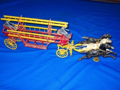 Early & Scarce 1800's Large Cast Iron Three Horse Fire Ladder Pull Toy - Image 1 of 5