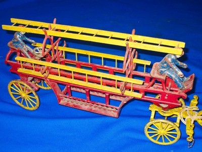 Early & Scarce 1800's Large Cast Iron Three Horse Fire Ladder Pull Toy - Image 2 of 5