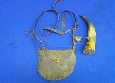A Very Early & Desirable Early 1800's Leather Powder Bag With Its Shoulder Strap, Rack Of Paper Patches, & Original Powder Horn All Original! - Image 1 of 7