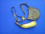 A Very Early & Desirable Early 1800's Leather Powder Bag With Its Shoulder Strap, Rack Of Paper Patches, & Original Powder Horn All Original! - Image 7 of 7