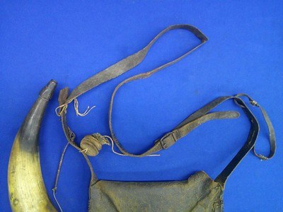 A Very Early & Desirable Early 1800's Leather Powder Bag With Its Shoulder Strap, Rack Of Paper Patches, & Original Powder Horn All Original! - Image 6 of 7