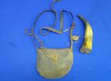 A Very Early & Desirable Early 1800's Leather Powder Bag With Its Shoulder Strap, Rack Of Paper Patches, & Original Powder Horn All Original! - Image 1 of 7