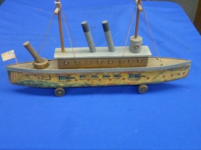An Early & Rare 1880's Bliss Wood & Paper Litho Admiral Toy Ship In Fine Untouched Condition!  - Image 2 of 6