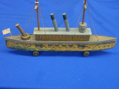 An Early & Rare 1880's Bliss Wood & Paper Litho Admiral Toy Ship In Fine Untouched Condition!  - Image 3 of 6
