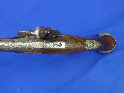 Very Scarce, Early, & Large Circa Early 1700's Ornate European Silver Mounted With A Raised Chiseled Barrel, Lock, & Hammer Flintlock Pistol Excellent - Image 8 of 14