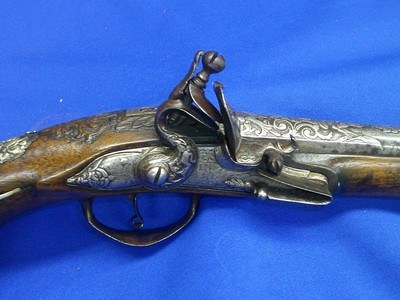Very Scarce, Early, & Large Circa Early 1700's Ornate European Silver Mounted With A Raised Chiseled Barrel, Lock, & Hammer Flintlock Pistol Excellent - Image 2 of 14