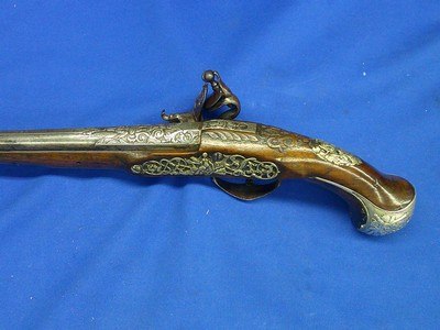 Very Scarce, Early, & Large Circa Early 1700's Ornate European Silver Mounted With A Raised Chiseled Barrel, Lock, & Hammer Flintlock Pistol Excellent - Image 5 of 14