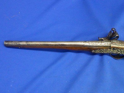 Very Scarce, Early, & Large Circa Early 1700's Ornate European Silver Mounted With A Raised Chiseled Barrel, Lock, & Hammer Flintlock Pistol Excellent - Image 6 of 14