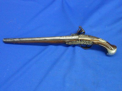 Very Scarce, Early, & Large Circa Early 1700's Ornate European Silver Mounted With A Raised Chiseled Barrel, Lock, & Hammer Flintlock Pistol Excellent - Image 7 of 14