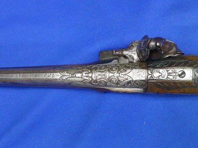 Very Scarce, Early, & Large Circa Early 1700's Ornate European Silver Mounted With A Raised Chiseled Barrel, Lock, & Hammer Flintlock Pistol Excellent - Image 9 of 14