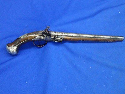 Very Scarce, Early, & Large Circa Early 1700's Ornate European Silver Mounted With A Raised Chiseled Barrel, Lock, & Hammer Flintlock Pistol Excellent - Image 1 of 14