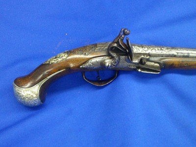 Very Scarce, Early, & Large Circa Early 1700's Ornate European Silver Mounted With A Raised Chiseled Barrel, Lock, & Hammer Flintlock Pistol Excellent - Image 3 of 14