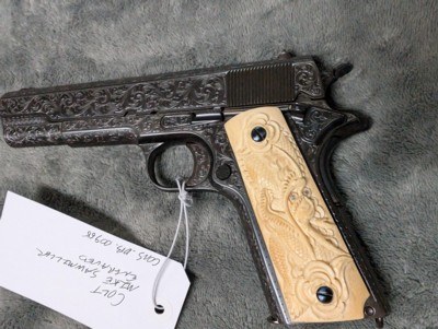 MIKE SAWMILLER ENGRAVED 1916 COLT 1911 WITH CARVED IVORY GRIPS, IN LIKE EXCELLENT/ AS ENGRAVED CONDITION - Image 8 of 20