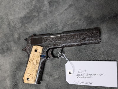 MIKE SAWMILLER ENGRAVED 1916 COLT 1911 WITH CARVED IVORY GRIPS, IN LIKE EXCELLENT/ AS ENGRAVED CONDITION - Image 5 of 20