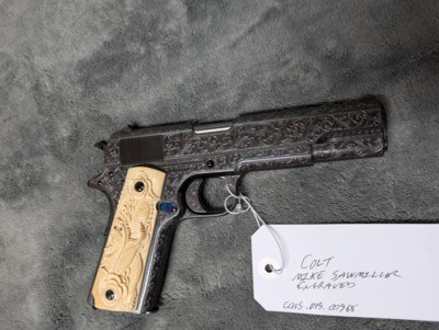 MIKE SAWMILLER ENGRAVED 1916 COLT 1911 WITH CARVED IVORY GRIPS, IN LIKE EXCELLENT/ AS ENGRAVED CONDITION - Image 6 of 20