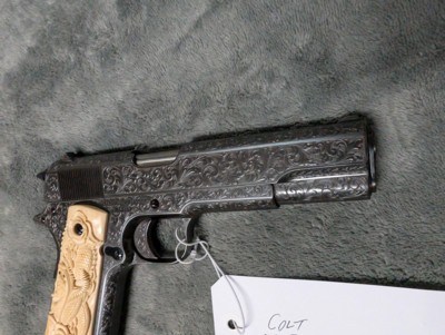 MIKE SAWMILLER ENGRAVED 1916 COLT 1911 WITH CARVED IVORY GRIPS, IN LIKE EXCELLENT/ AS ENGRAVED CONDITION - Image 3 of 20