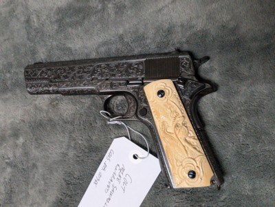 MIKE SAWMILLER ENGRAVED 1916 COLT 1911 WITH CARVED IVORY GRIPS, IN LIKE EXCELLENT/ AS ENGRAVED CONDITION - Image 18 of 20