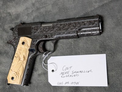 MIKE SAWMILLER ENGRAVED 1916 COLT 1911 WITH CARVED IVORY GRIPS, IN LIKE EXCELLENT/ AS ENGRAVED CONDITION