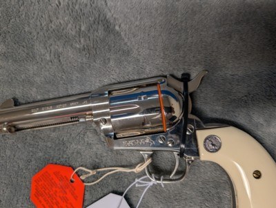 NICKEL COLT SINGLE ACTION ARMY IN .45 COLT WITH 4.75: BARREL IN EXCELLENT CONDITION, HAS POLYMER IVEX GRIPS - Image 8 of 20