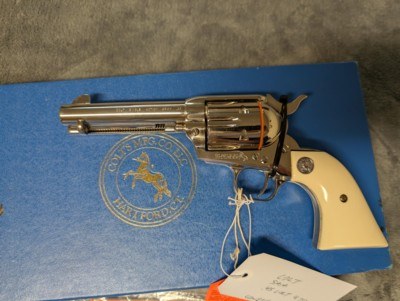 NICKEL COLT SINGLE ACTION ARMY IN .45 COLT WITH 4.75: BARREL IN EXCELLENT CONDITION, HAS POLYMER IVEX GRIPS - Image 2 of 20