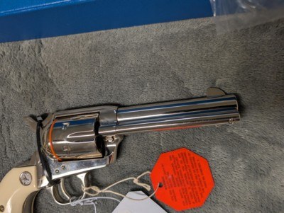 NICKEL COLT SINGLE ACTION ARMY IN .45 COLT WITH 4.75: BARREL IN EXCELLENT CONDITION, HAS POLYMER IVEX GRIPS - Image 5 of 20