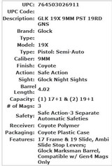 NEW GLOCK HIGH CAPACITY MODEL 19X SEMI AUTO 9MM DARK EARTH PISTOL - 2 of 2