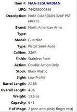 NAA NORTH AMERICAN ARMS GUARDIAN 32ACP CALIBER SEMI AUTO PISTOL - 2 of 2