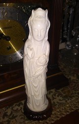 Carved Ivory Lady with Lotus Flower 11 1/2 Inch tall including wood stand. Fine quality craftsmanship. - 1 of 1