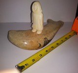 Inuit Fossilized Walrus Jawbone Walrus on Ice & bird ScrimshawMary L. Seppilu signed - 3 of 6
