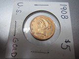 5.00 Dollar Gold Liberty Coronet U.S. Half Eagle Coin. 1908 from 100 year collection Choice Uncleaned/Ungraded. - 4 of 5