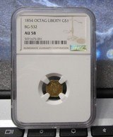 California Gold Rush Days 1854 Gold
Octagon $1
NGC
Grading AU 58
Variety BG-532 Choice coin - 1 of 3