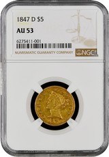 Rare 1847-D Liberty Gold Half Eagle $5 - NGC AU-53 Dahlonega Georgia certified Coin - 1 of 2