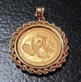 Proof Panda Coin 1/4 ounce .999 Fine gold in new 14Kt. Rope Pendant Bezel - 1 of 4