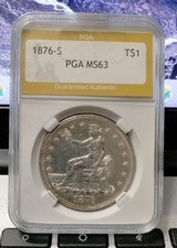 1876-S Silver Trade Dollar
Graded in Slab Ms 63 (Not cleaned, Not details grade) Plus Bonus - 2 of 5