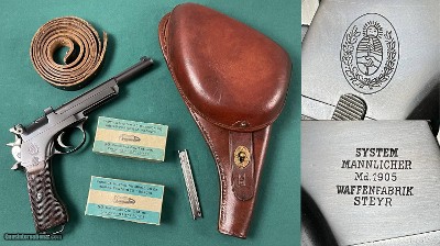 ARGENTINE STEYR MANNLICHER 1905 PISTOL INTACT CREST MATCH No Import HOSTER AMMO & CLIP ALL EXCELLENT