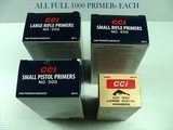 CCI PRIMERS 1000 PRIMERS EACH
SMALL PISTOL LARGE PISTOL SMALL RIFLE LARGE RIFLE 4000 TOTAL - 1 of 1