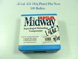 .45 ACP .451 185 GRAIN FMJ PLATED FLAT POINT 100 BULLETS - 1 of 2