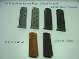 FOUR 1911 MAGAZINES: 2-ORIGINAL COLT FACTORY STAINLESS 8-ROUND MINT. 1-COLT FACTORY BLACK 7-ROUND NEAR MINT. 1-DEVEL 8 ROUND BLACK MINT. 2-PAIRS GRIPS - 1 of 3