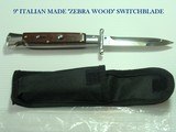 SUPERB 9" ITALIAN MADE SWITCHBLADE AUTOMATIC KNIFE WITH THICK, REAL ZEBRA WOODEN HANDLES, MINT IN THE POUCH WITH 4" BAYONET STYLE RAZOR SHAR - 1 of 5