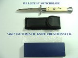 mib akc ("automatic knife creations") full 10" swing guard faux ivory switchblade 4 1/2' bayonet razor edge blade. fires st